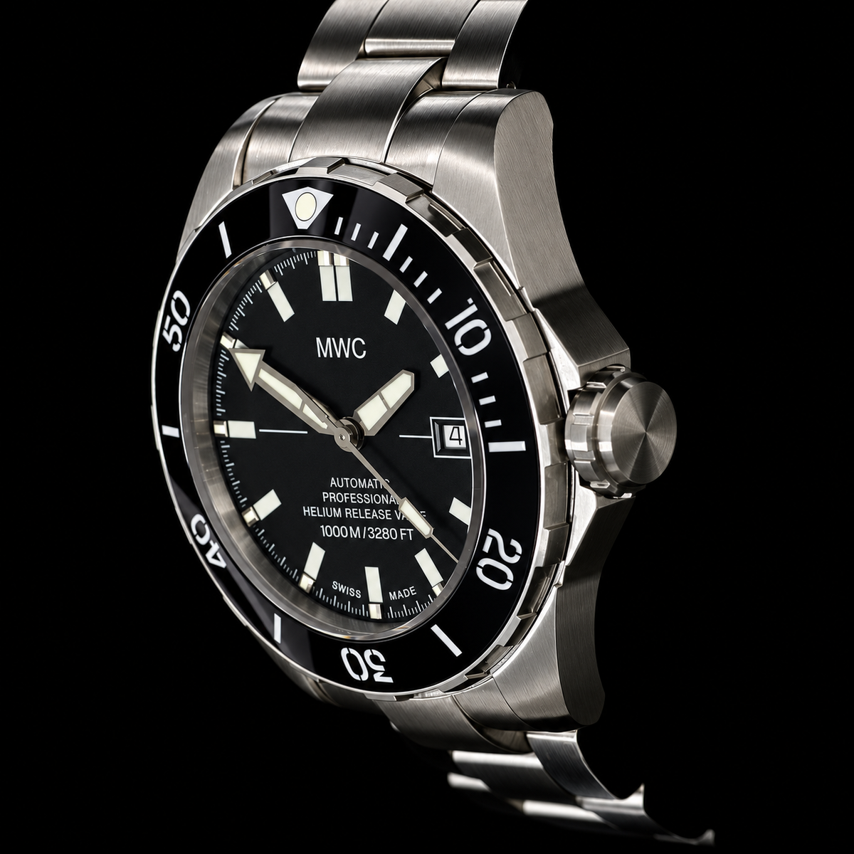 MWC 100ATM / 3,280ft / 1000m Water Resistant Diver's Watch Stainless Steel Case with Helium Valve and Matching Bracelet 100% Swiss Made with Sellita SW200 26-Jewel Automatic Movement