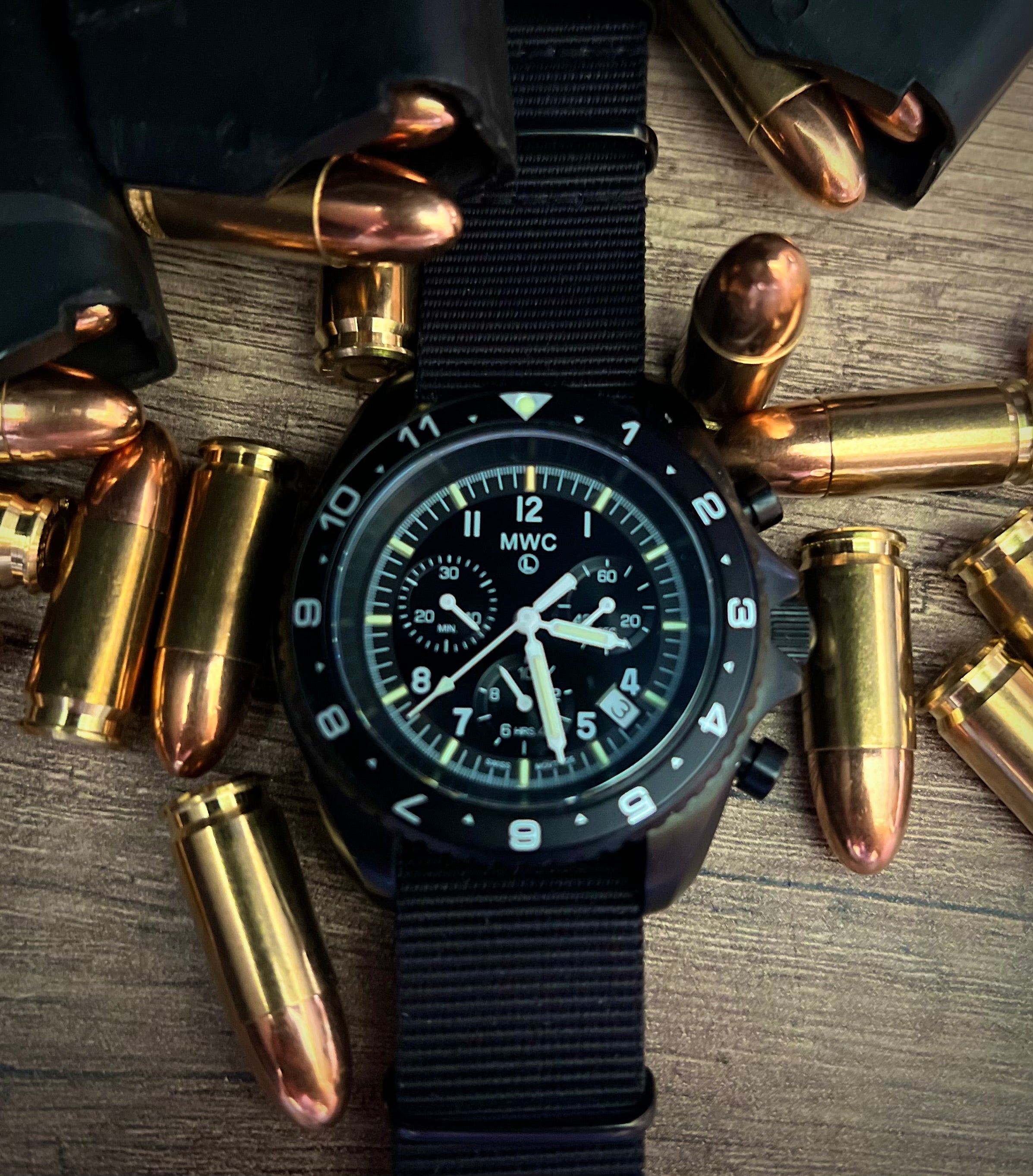 MWC NATO Pattern Stainless Steel Military Pilots Chronograph with Sapphire Crystal and Swiss Ronda Movement - 12 Hour GMT Bezel and GTLS/Tritium Illumination