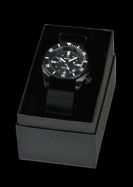 MWC "Submariner / Naval Crew Divers Watch" in Covert Black PVD 500m (1,640ft) Water Resistant Dual Time Zone Military Watch in PVD Stainless Steel Case with GTLS and Helium Valve