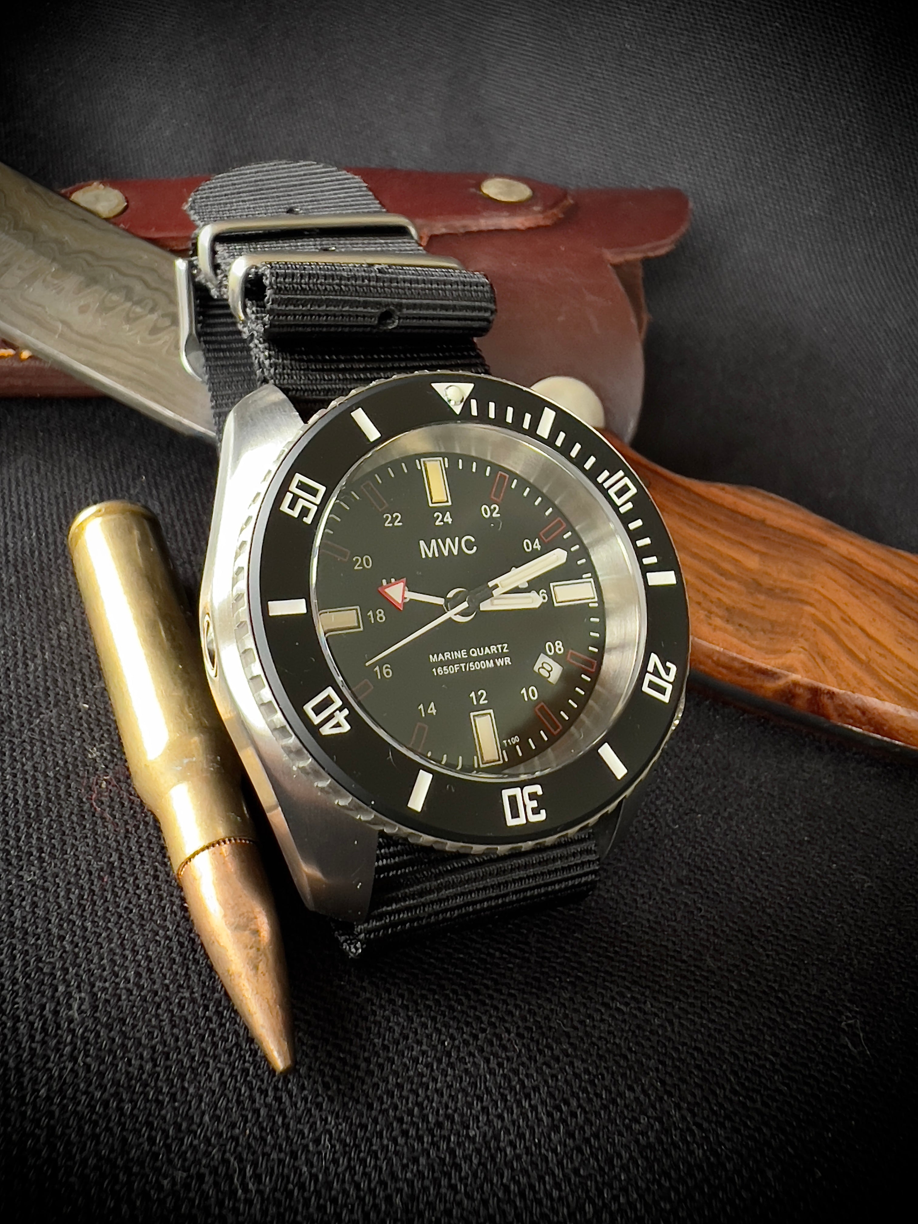 MWC "Submariner / Naval Crew Divers Watch" 500m (1,640ft) Water Resistant Dual Time Zone Military Watch in a Stainless Steel Case with GTLS and Helium Valve