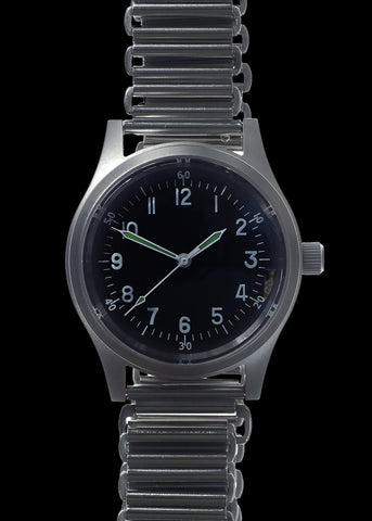 GG-W-113 U.S 1960s Pattern Automatic Military Watch with Shatter and Scratch Resistant Sapphire Box Crystal on Matching Retro Stainless Steel "Bonklip" Bracelet with an Additional Webbing Straps