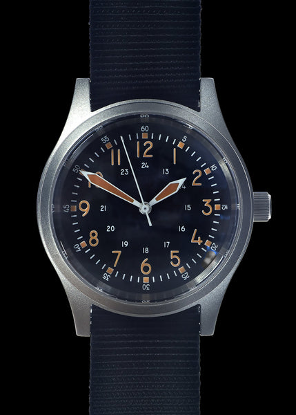 A-17 U.S 1950s Korean War Pattern Automatic Military Watch with Shatter and Scratch Resistant Box Sapphire Crystal on a Retro Stainless Steel "Bonklip" Bracelet with a Black Military Webbing Strap