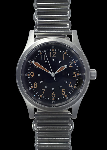 A-17 U.S 1950s Korean War Pattern Automatic Military Watch with Shatter and Scratch Resistant Box Sapphire Crystal on a Retro Stainless Steel "Bonklip" Bracelet with a Black Military Webbing Strap