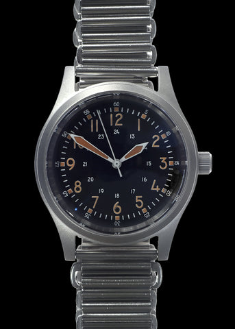 GG-W-113 U.S 1960s Pattern Automatic Military Watch with Shatter and Scratch Resistant Sapphire Box Crystal on Matching Retro Stainless Steel "Bonklip" Bracelet with an Additional Webbing Straps