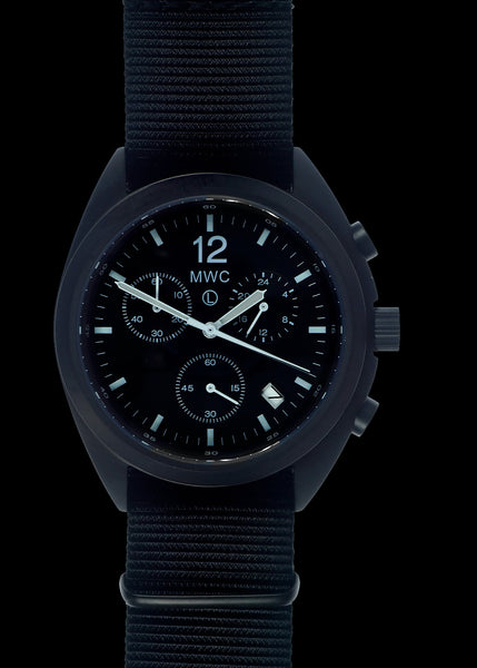 MWC Mechanical/Quartz Hybrid NATO Pattern Military Pilots Chronograph in Non Reflective Black PVD Finish