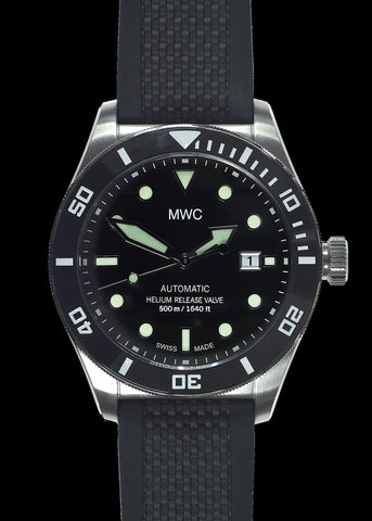 MWC Swiss Made 500m (1640ft) Water Resistant Automatic Divers Watch in Stainless Steel With Sapphire Crystal, Ceramic Bezel and Helium Valve