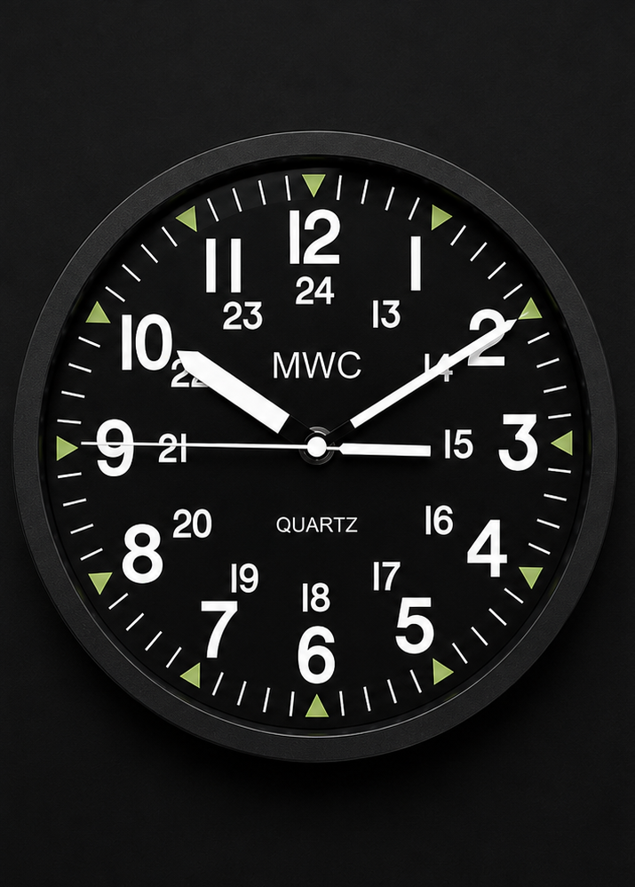 MWC US Military Pattern 12/24 Hour Wall Clock with Silent Sweep Movement (Size 22.5 cm / approx 9")