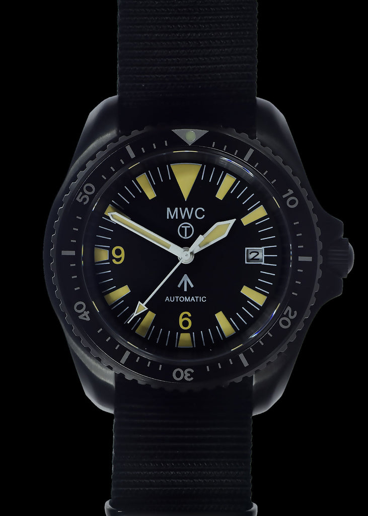 MWC 1999-2001 Pattern Black PVD Automatic Military Divers Watch with Retro Luminous Paint, Sapphire Crystal, 60 Hour Power Reserve