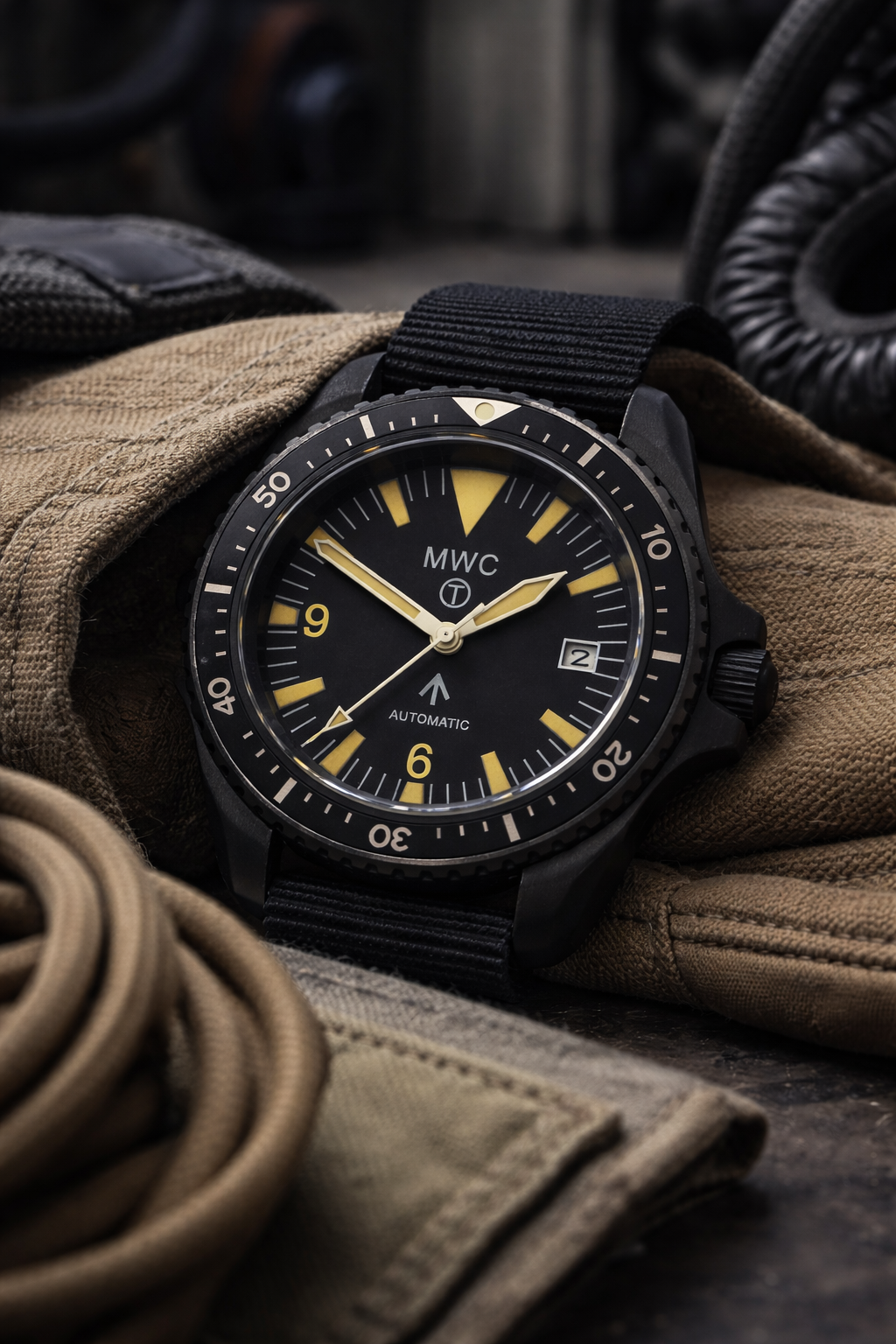 MWC 1999-2001 Pattern Black PVD Automatic Military Divers Watch with Retro Luminous Paint, Sapphire Crystal, 60 Hour Power Reserve