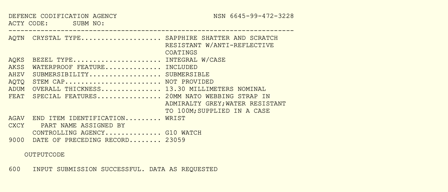 MWC G10 200m/660ft Water resistant Stainless Steel Military Watch with Sapphire Crystal and Date - NATO Stock Number: NSN 6645-99-472-3228D