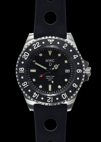 MWC Stainless Steel GMT (Dual Time Zone) Military Watch with Sapphire Crystal and Ceramic Bezel on Silicon Band with 2 NATO Straps