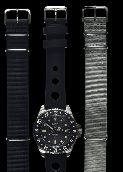 MWC Stainless Steel GMT (Dual Time Zone) Military Watch with Sapphire Crystal and Ceramic Bezel on Silicon Band with 2 NATO Straps