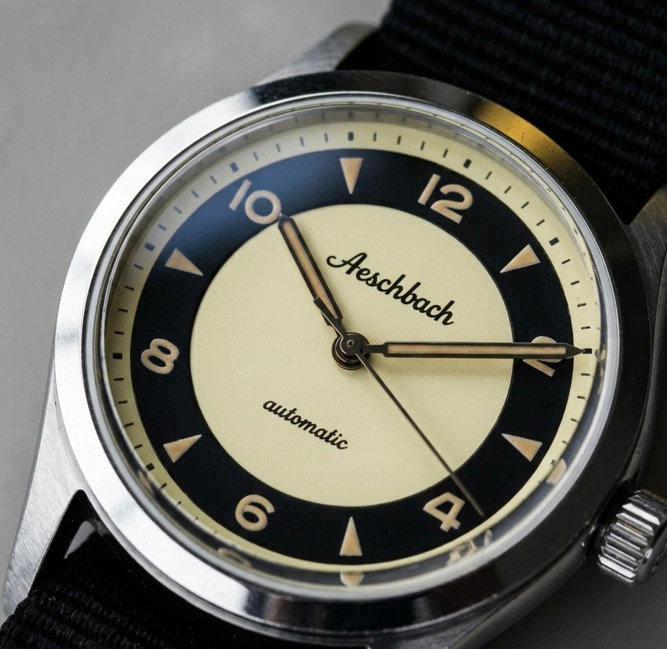Aeschbach 1950s Pattern 25 Jewel Automatic, 200m Water Resistant Watch with Retro Luminous Paint, Sapphire Crystal & Calf Leather Strap