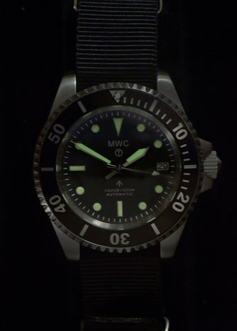 MWC 24 Jewel 1982 Pattern 300m Automatic Military Divers Watch in Black PVD with a Sapphire Crystal on a NATO Webbing Strap (Non Date Version)