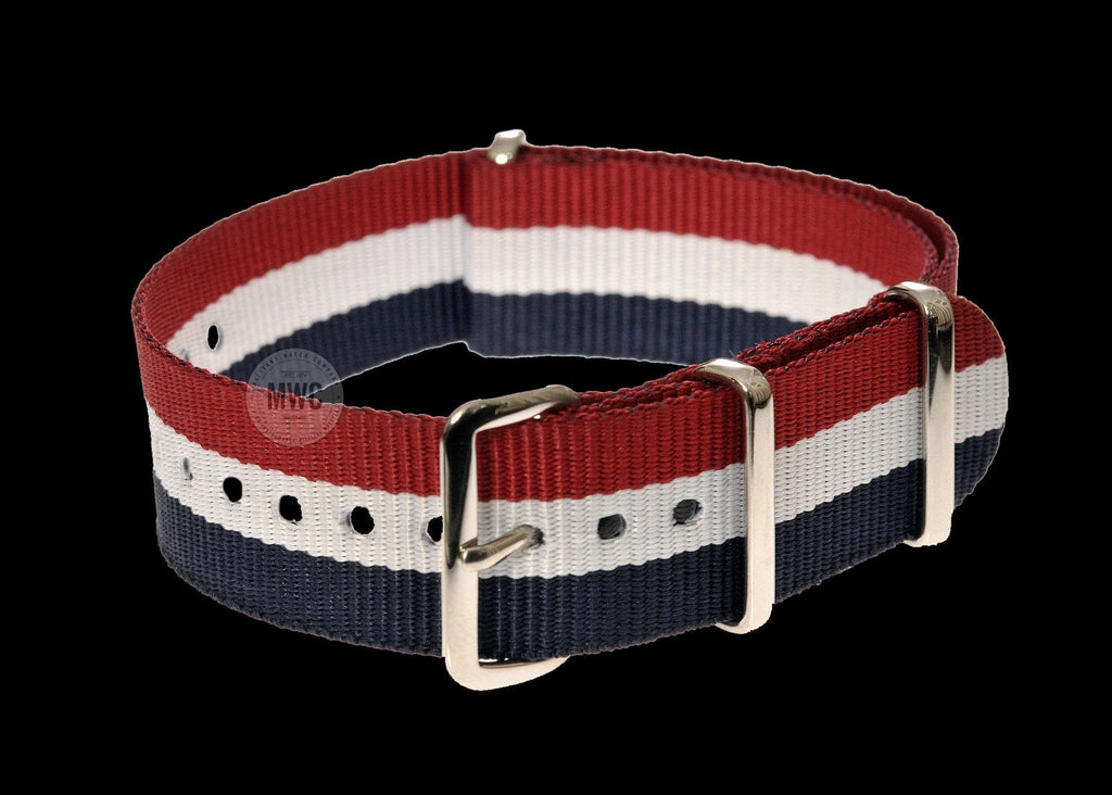 20mm Blue, White and Red NATO Military Watch Strap