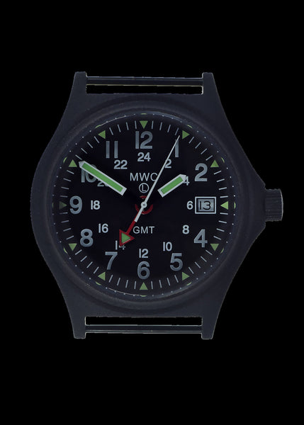 MWC GMT (Dual Time Zone) 100m Water resistant Military Watch in Black PVD Steel Case with Screw Crown