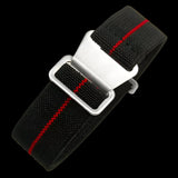20mm Elasticated French Navy and Special Forces Strap in Black with a Red Stripe