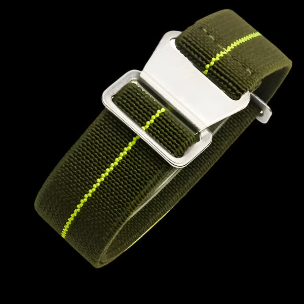 20mm Elasticated French Navy and Special Forces Strap in Green with a Yellow Stripe