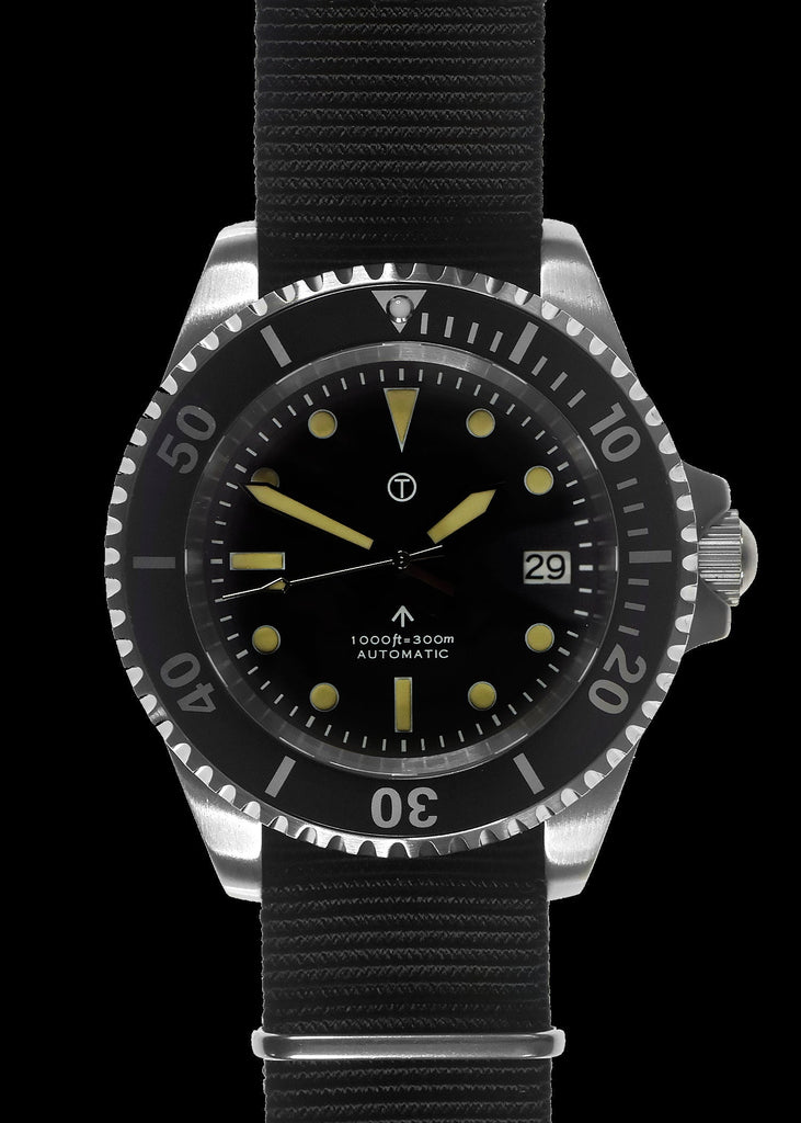 MWC 21 Jewel 1980s Pattern 300m Automatic Military Divers Watch with Sapphire Crystal and a Black and a Grey NATO Strap