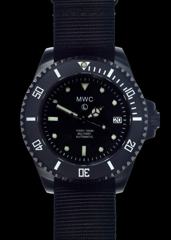MWC 24 Jewel 300m Automatic Military Divers Watch with Sapphire Crystal and Ceramic Bezel in Black PVD Steel