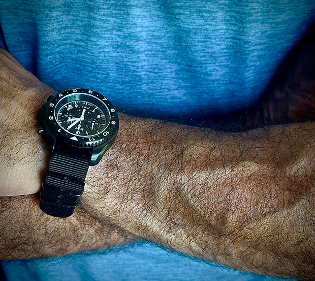 MWC NATO Pattern Stainless Steel Military Pilots Chronograph with Sapphire Crystal and Swiss Ronda Movement - 12 Hour GMT Bezel and GTLS/Tritium Illumination