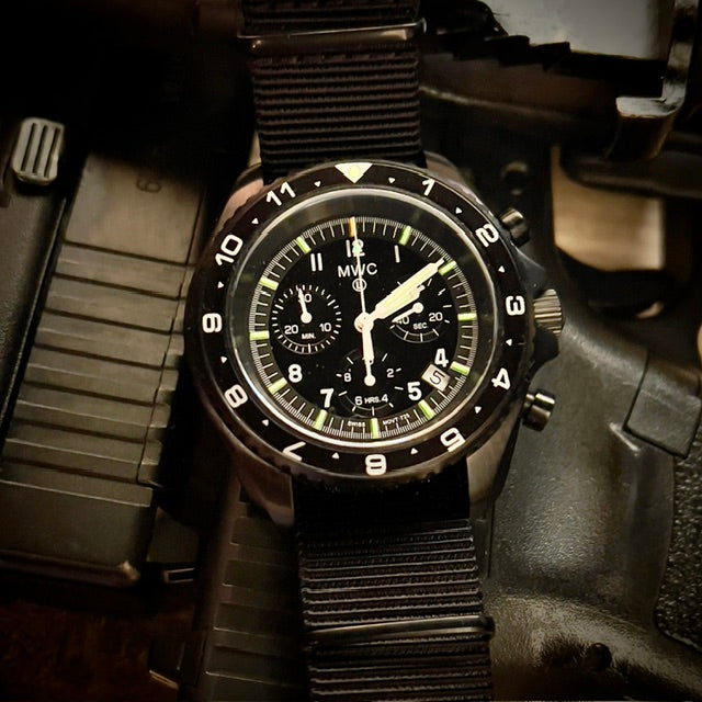 MWC NATO Pattern Stainless Steel Military Pilots Chronograph with Sapphire Crystal and Swiss Ronda Movement - 12 Hour GMT Bezel and GTLS/Tritium Illumination
