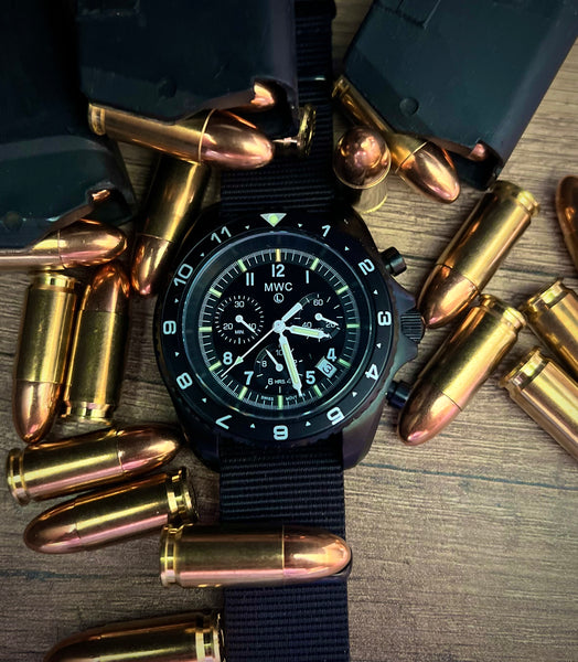 MWC NATO Pattern Stainless Steel Military Pilots Chronograph with Sapphire Crystal and Swiss Ronda Movement - 12 Hour GMT Bezel and GTLS/Tritium Illumination