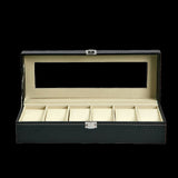 PU Leather Watch Display Case for 6 Watches with a Clear See Through Lid and Lock